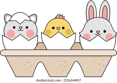 Vector packaging with eggs and hatching kawaii animals. Easter illustration with cute cat, chick and bunny sitting in shell. Cute spring icon for kids
