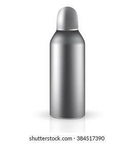 VECTOR PACKAGING: Metallic tin gray aerosol round container isolated on transparent background. Mock-up template for design.