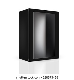 VECTOR PACKAGING: Modern black packaging box with detailed side part and front window on isolated white background. Mock-up template ready for design.