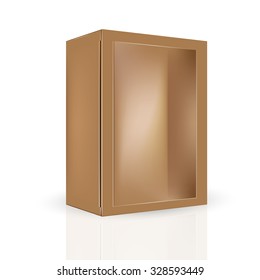 VECTOR PACKAGING: Modern brown packaging box with detailed side part and front window on isolated white background. Mock-up template ready for design.