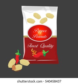 Vector packaging for nuts. Packaging design for flavored peanuts. Vector pepper peanuts package design with peanuts in 3d illustration. food packaging template for factories and graphic designers.