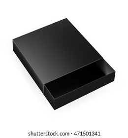 VECTOR PACKAGING: Open black packaging box, top view on isolated white background. Mock-up template ready for design.