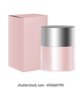VECTOR PACKAGING: Peach wide round cosmetic/medicine bottle or container with box on isolated white background. Mock-up template ready for design