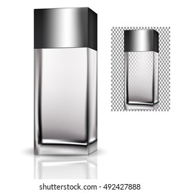 VECTOR PACKAGING: Rectangular bottle perfume/beauty products/cosmetics with silvery cap on isolated white background. Mock-up template ready for design