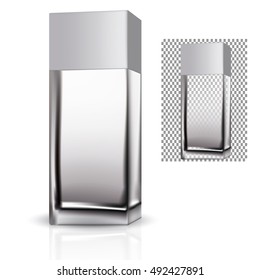VECTOR PACKAGING: Rectangular bottle perfume/beauty products/cosmetics with gray cap on isolated white background. Mock-up template ready for design