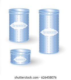 VECTOR PACKAGING: Set of Aluminum tin box cans round containers in blue with blue relief isolated white background. Mock-up template for design
