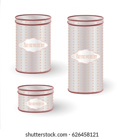 VECTOR PACKAGING: Set of Aluminum tin box cans round containers with lids in white with red relief isolated white background. Mock-up template for design
