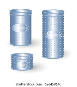 VECTOR PACKAGING: Set of Aluminum tin box cans,round containers in blue with blue relief isolated white background. Mock-up template for design
