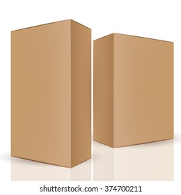 VECTOR PACKAGING: Set Of Brown Packaging Box On Isolated White Background. Mock-up Template Ready For Design.