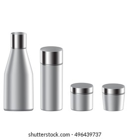 VECTOR PACKAGING: SET of gray beauty products/cosmetics bottles and container with silvery lid on isolated white background. Mock-up template ready for design
