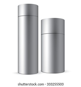 VECTOR PACKAGING: Set of gray tin round container on isolated white background. Mock-up template for design.