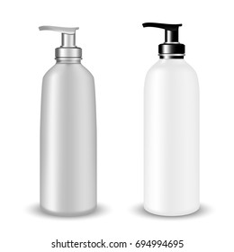 Vector Packaging: SET of Gray and white plastic Cosmetic Bottle beauty products with black and silvery pump lid on white isolated background. Mock-up template ready for design.