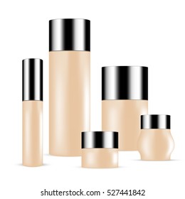 VECTOR PACKAGING: SET of light skin toned beauty products/cosmetics bottles and containers with silver lid on isolated white background. Mock-up template ready for design