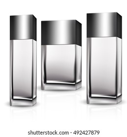 VECTOR PACKAGING: SET of rectangular bottle perfume/beauty products/cosmetics with silvery cap on isolated white background. Mock-up template ready for design