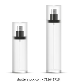 VECTOR PACKAGING: SET of round bottle perfume/beauty products/cosmetics with cap on isolated white background. Mock-up template ready for design