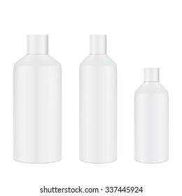 VECTOR PACKAGING: Set of White gray tall round bottle with cap for cosmetic or cologne on isolated white background. Mock-up template ready for design. 