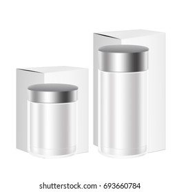 VECTOR PACKAGING: SET of White gray wide round cosmetic/medicine bottle or container with box on isolated white background. Mock-up template ready for design