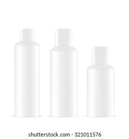 Vector Packaging: Set of white round bottle container  for cosmetic/perfume on isolated white background. Mock-up template ready for design .