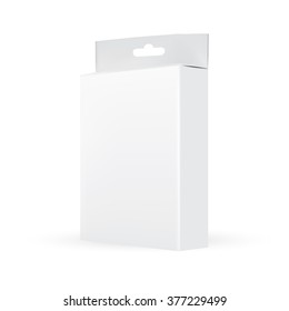 VECTOR PACKAGING: Side View Of White Gray Packaging Box With Hole To Hang On White Background. Mock-up Template Ready For Design.