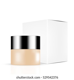 VECTOR PACKAGING: Skin toned beauty products/cosmetics bottles with silver lid and white gray box on isolated white background. Mock-up template ready for design