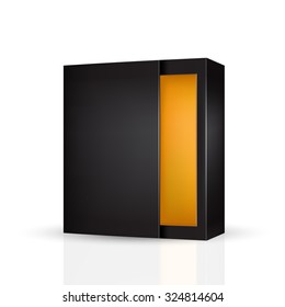 VECTOR PACKAGING: Slide to open modern black orange inside packaging box on isolated white background. Mock-up template ready for design.