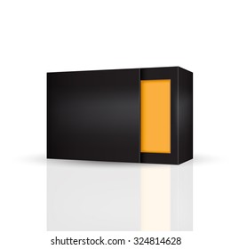 VECTOR PACKAGING: Slide to open modern black orange inside packaging box on isolated white background. Mock-up template ready for design.