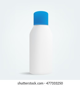 VECTOR PACKAGING: Small white gray beauty/cosmetic product bottle with blue cap on isolated background. Mock-up template ready for design