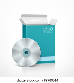 Vector packaging software blue box template and CD disk, illustration