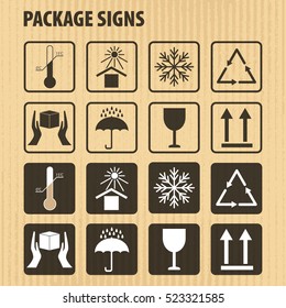 Vector packaging symbols on vector cardboard background. Icon set including fragile, this side up, handle with care, keep dry and other caution handling symbols. Stock vector. Flat design.