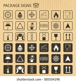 Vector packaging symbols on vector cardboard background. Shipping icon set including recycling, fragile, flammable, this side up, handle with care, keep dry, other symbols.Stock vector. Flat design.