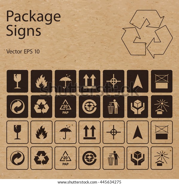 Vector packaging symbols on vector cardboard\
background. Shipping icon set including recycling, fragile,\
flammable, this side up, handle with care, keep dry, other symbols.\
Use on package, carton\
box.