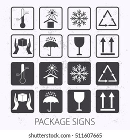 Vector packaging symbols on vector grunge background. Icon set including fragile, this side up, handle with care, keep dry and other caution handling symbols. Stock vector. Flat design.