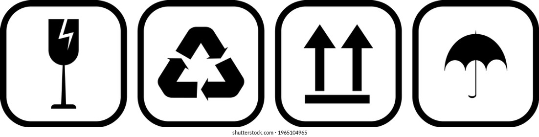Vector packaging symbols on a white background. Shipping icon set including recyclable, fragile, top side up, keep dry. Use on packaging, cardboard box.