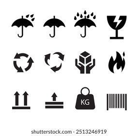 Conjunto de símbolos de embalaje de Vector | Iconos de caja de cartón. proteger del uso del icono del sol y la lluvia para el embalaje y el etiquetado de la caja .