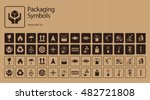 Vector packaging symbols set on cardboard background: Don't roll, litter, Clamp here, No hand- or forklift truck, Handling with care, Protect from radiation and other signs and icons. Use on package