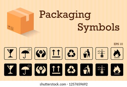Vector packaging symbols set on cardboard background. signs and icons. Use on package