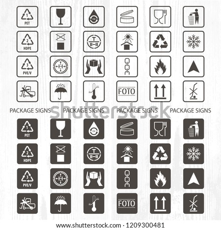 Vector packaging symbols. Shipping icon set including recycling, fragile, the shelf life of the product, flammable, non-toxic material, this side up, other symbols. Use on package.