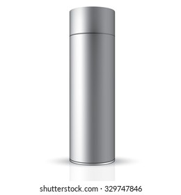 VECTOR PACKAGING: Tall aluminum tin round container on isolated white background. Mock-up template for design.