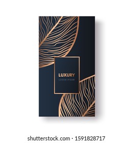 Vector packaging template with  gold leaf for luxury products, story of social media, invitation, cosmetics, chocolate, wine. Isolated on black, blue background.