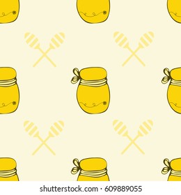 Vector packaging template with seamless honey pattern. Beekeeper background. Natural and organic collection with jar.