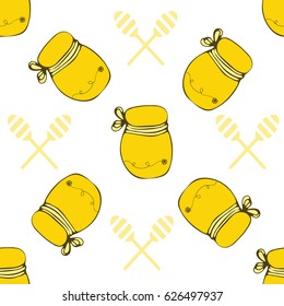 Vector packaging template with seamless honey pattern. Beekeeper background. Natural and organic honey collection with jar.