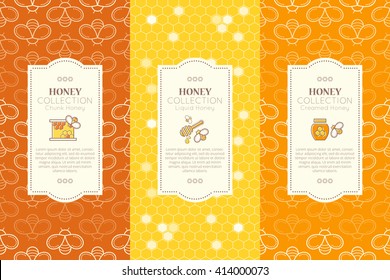 Vector packaging template with seamless patterns. Natural honey collection (types of honey - chunk, liquid, creamed). Warm color palette of golden tints