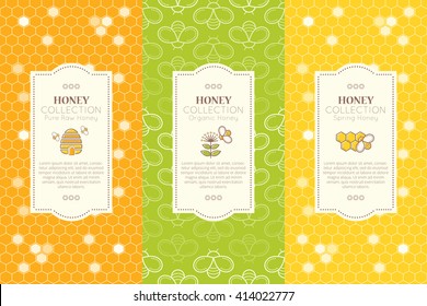 Vector packaging template with seamless patterns. Natural honey collection (types of honey - pure raw, organic, spring). Fresh color palette of yellow and green tints