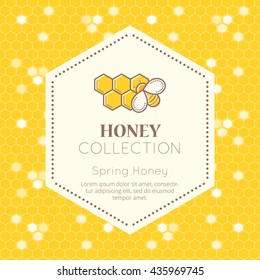 Vector packaging template with seamless patterns. Natural honey collection (natural spring honey). Warm color palette of golden tints