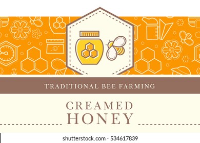 Vector packaging template with seamless patterns. Natural honey collection (sorts of honey - creamed honey). Warm color palette of golden tints