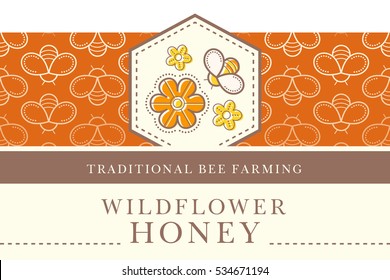 Vector packaging template with seamless patterns. Natural honey collection (sorts of honey - wildflower honey). Warm color palette of golden tints