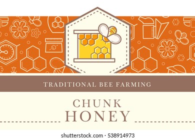 Vector packaging template with seamless patterns. Natural honey collection (chunk honey). Warm color palette of golden tints