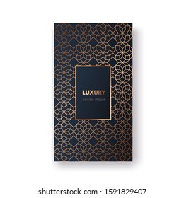 Vector packaging templates with different gold geometric pattern for luxury products, story of social media, invitation, cosmetics, chocolate, wine. Isolated on black, blue background.