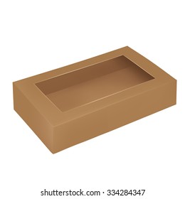 VECTOR PACKAGING: Top view of rectangular, brown packaging box with top window on isolated white background. Mock-up template ready for design.