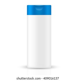 VECTOR PACKAGING: White gray beauty products/cosmetics bottle with blue flip top cap on isolated white background. Mock-up template ready for design